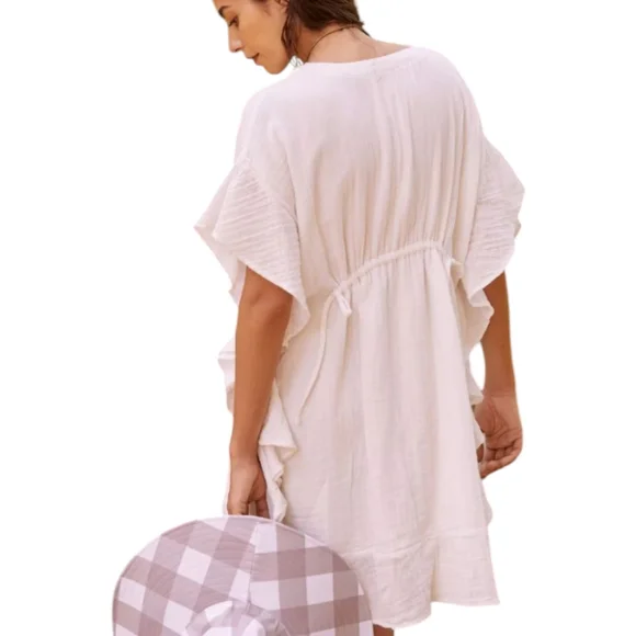 By Anthropologie Ruffled Cover-Up White Cottagecore Boho Mini Dress L/XL - Picture 7 of 10